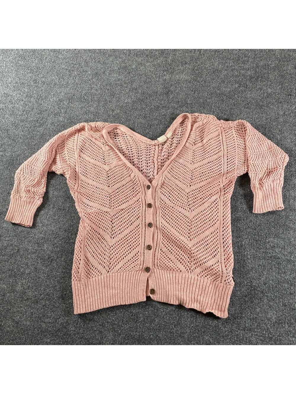 Vintage ROXY Pink Knit Cardigan Sweater Top Button Up 3/4 Sleeve - Size Small Af